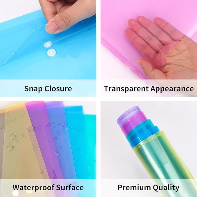 EOOUT 5pcs Plastic Envelopes, Plastic Folders for Documents, Poly Folders with Snap Closure, A4 Size, Letter Size, for School and Office Supplies