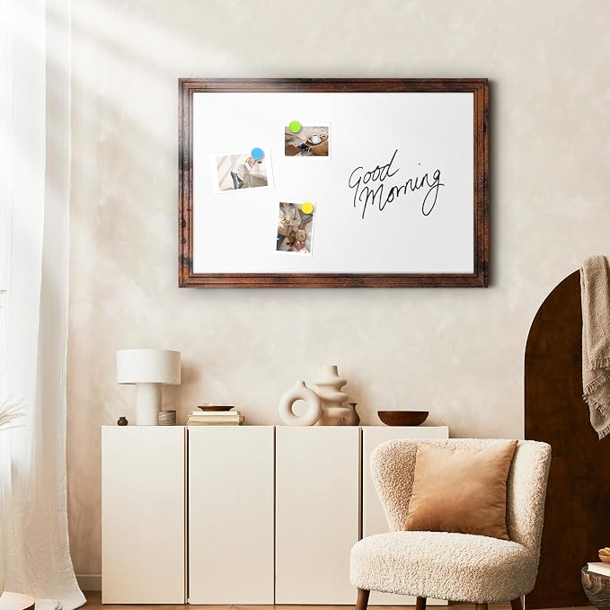 White Board for Wall, 36'' x 24'' Magnetic Dry Erase Board, Brown | Wooden Frame, Decorative Whiteboard, Wall Mounted, for Home, Office, Kitchen, Dorm, 4 Markers, 6 Magnets, A Eraser
