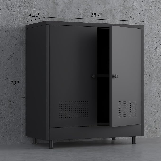 Metal Storage Cabinet with 2 Doors and Adjustable Shelf, Steel Accent Sideboard Buffet Cabinet for Home, Office, Garage, Entryway, Living Room, Kitchen Pantry and Dining Room (Black)