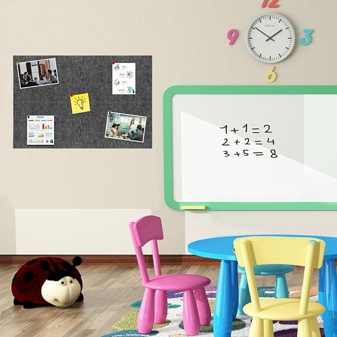Large Square Felt Cork Board Tiles, Self Adhesive DIY Felt Bulletin Board Pin Board with 35 Pushpins for Office School Home Wall Decor Stickers Memos Photos Display (Deep Grey)