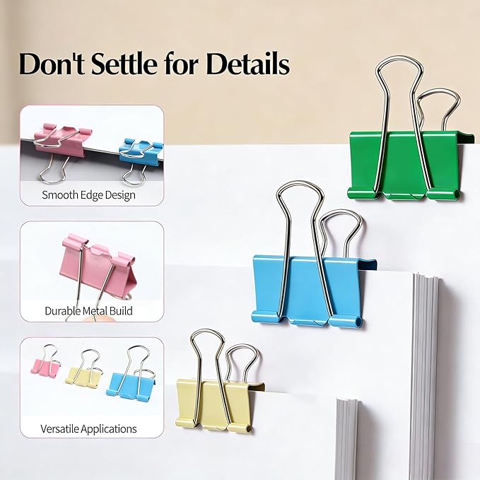 Binder Clips Assorted Sizes, Durable Metal Binder Clips for Office, Cute Desk Supplies for Teachers Student (60, Colorful)