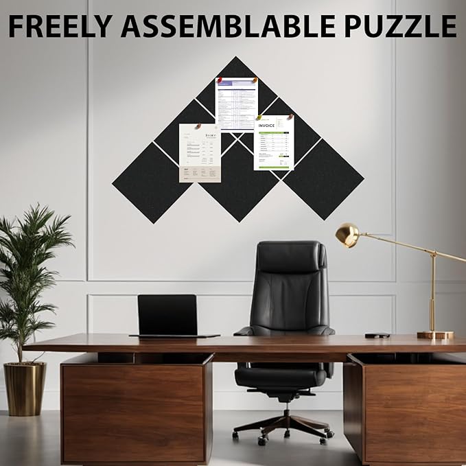 Large Cork Boards for Walls 48"x36", 12 Pack Felt Wall Tiles with 60 Pushpins，50 Safe Removable Adhesive Tabs, 10 Hooks and Clips, Black Bulletin Board, Felt Board Pin Board Tack Board for Office