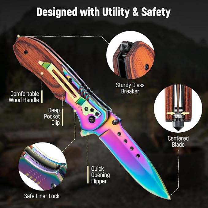 Pocket Knife for Men - Sharp Blade Wood Handle Pocket Folding Knives with Clip, Glass Breaker - EDC Knives for Survival Camping Fishing Hiking Women, Large, Rainbow