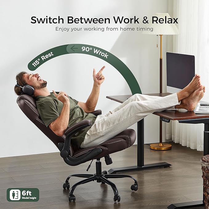 Office Chair, Executive PU Leather Chair, Ergonomic Computer Desk Chair with Lumbar Support and Adjustable Flip-Up Arms, Rocking Task Chair (Brow