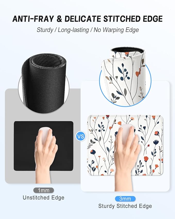 Mouse Pad, Cute Mouse Mat, 10" x 8", White Flower | Square Waterproof Gaming Computer Mat, Textured Top, Stitched Edges, Non-Slip Rubber Base for Office Home Laptop Keyboard