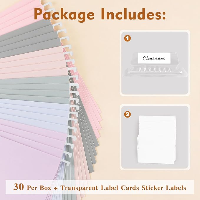 Zzrywuty Hanging File Folders Letter Size, 30-Pack Hanging File Folder with 1/5-Cut Tabs, Pastel File Folders Hanging Organizers for Filing Cabinet, Bulky Files & Medical Charts