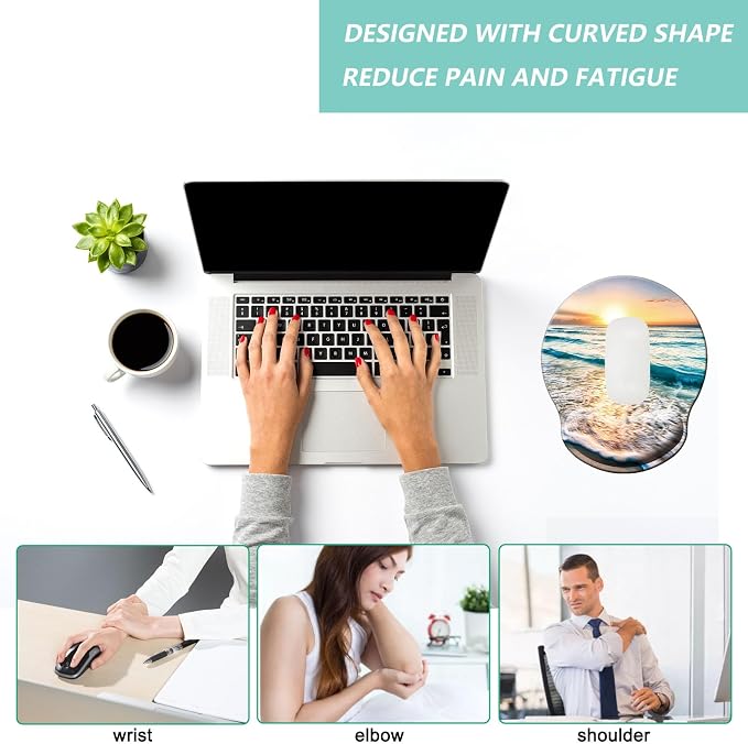 Mouse Pad with Wrist Support, Ergonomic Mouse Pad with Memory Foam Wrist Rest Cushion, Non-Slip Rubber Base Gaming Mice Pad for Home Office Computer Laptop, Beach