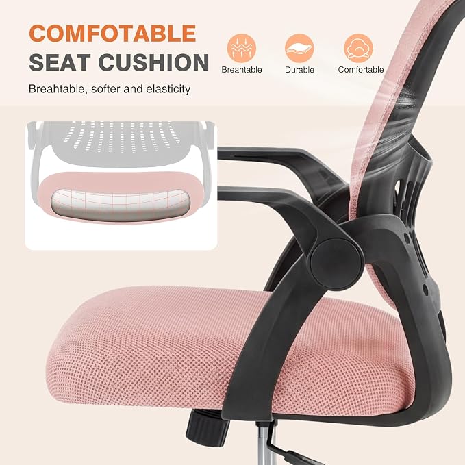 Sweetcrispy Computer Desk Chair, Mesh Office Chair, Lumbar Support | Ergonomic Mid-Back, Flip-Up Armrest, Adjustable Height, 360° Swivel Wheels, Home Office, Bedroom Comfy Arms, Black and Pink