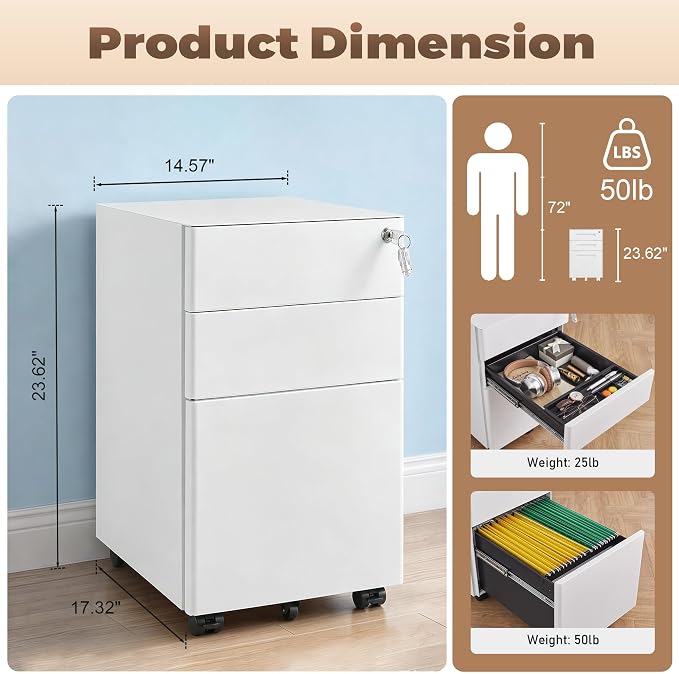 Approgreent Fully Assembled 3 Drawer File Cabinets for Home Office | Lockable Mobile Filing Cabinet with Anti-tipping Wheels, Fits A4, Letter & Legal Size Files & Folders, Matte White