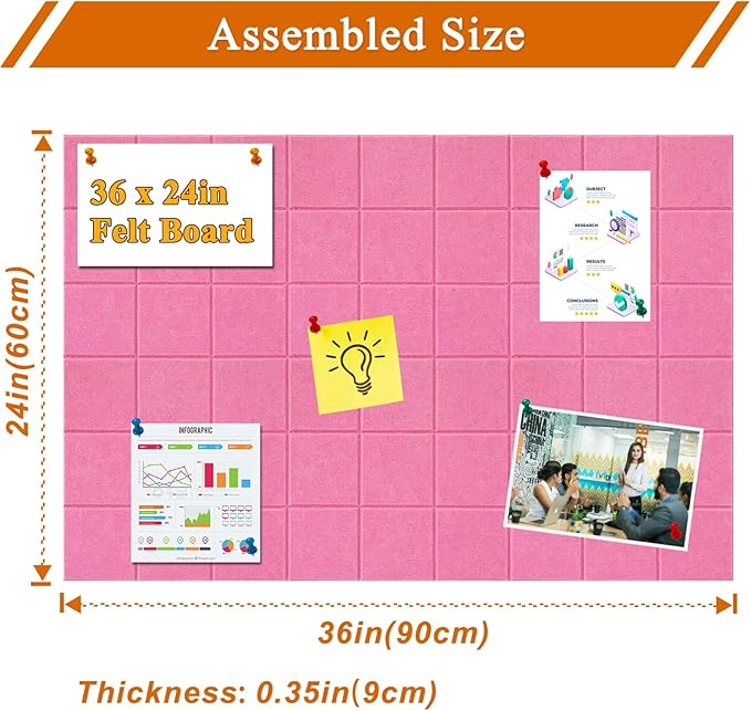 Large Square Felt Cork Board Tiles, Self Adhesive DIY Felt Bulletin Board Pin Board with 35 Pushpins for Office School Home Wall Decor Stickers Memos Photos Display (Pink)