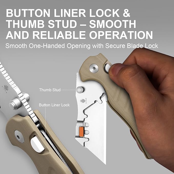 Kizer C01C Uti 2 (Tool-Free Version) Utility Knife, Button Liner Lock Box Cutter Pocket Knife with 5PCS Razor Blades, Thumb Stud Folding Knives with Brown G10 Handle for Men Women V3488.29JNA2
