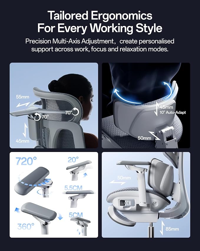 Hbada X7 Smart Ergonomic Chair, Office Chair, with Fully Automated Lumbar Tracking, 4D Adjustable Headrest, 720° Adjustable Armrests, Swivel, Grey