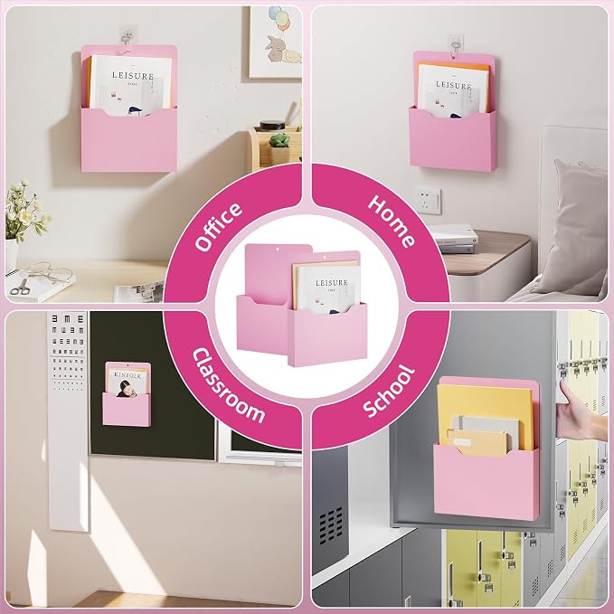 Marbrasse Magnetic File Holder - Magnetic Paper Holder, Pocket Organizer Office Supplies Storage Mail Organizer for Notebooks,Planners,Letter (Pink)