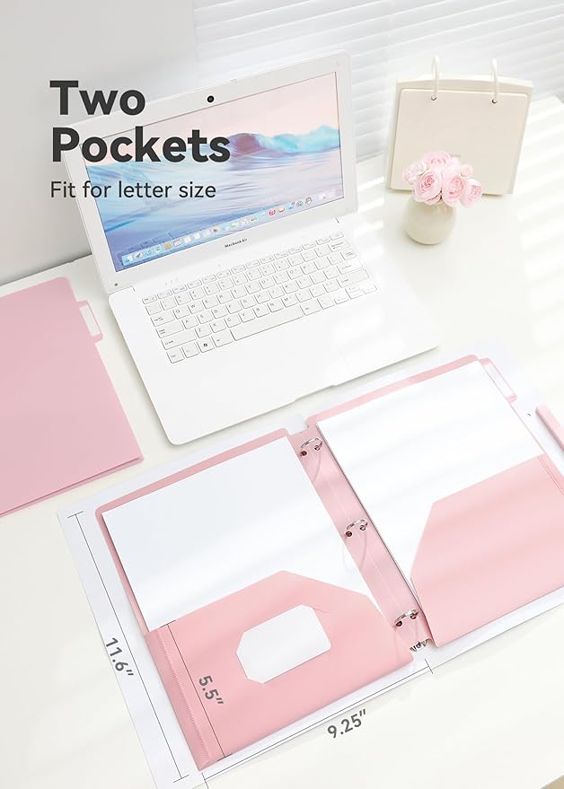 Plastic Folders with Pockets 3 Hole Punched, 6 Pack Pink Pocket Folders for 3 Ring Binder, Unique 1/3 Cut Tabs with Colorful Labels, School Folders, Letter Size