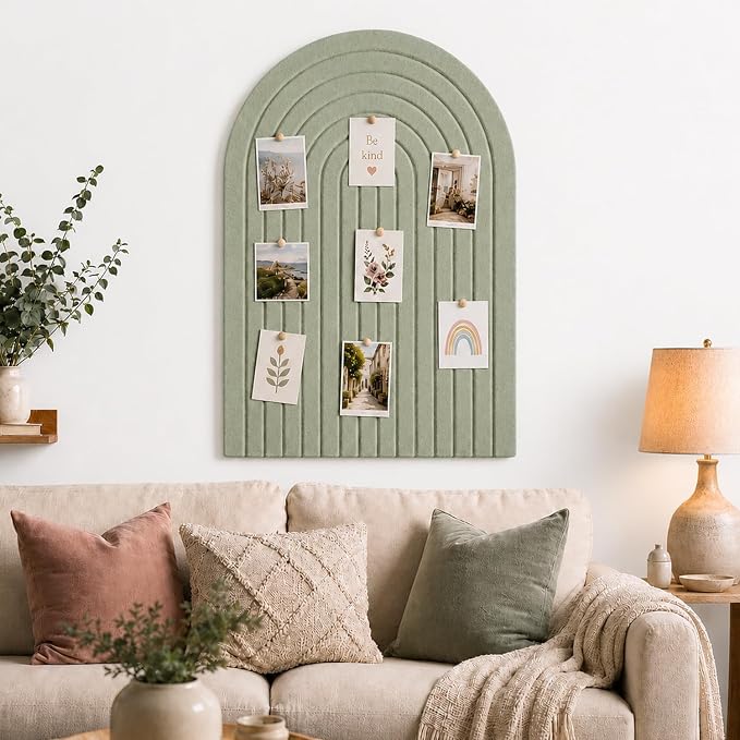 Large Arched Felt Bulletin Board, Sized 36" x 24" for Office & Wall Decor – 6 Customizable Adhesive Tiles with Pins are Perfect to Display Your Photos (Sage Green-A)