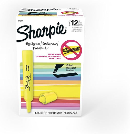 Sharpie Tank Highlighters, Chisel Tip, Fluorescent Yellow, 12 Count