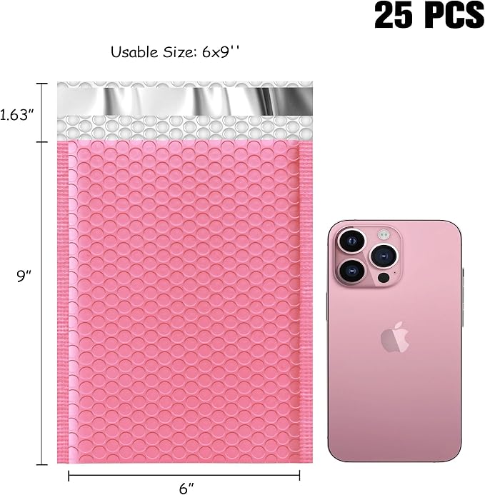 JinRuiKJ Bubble Mailers 6x10" 25 Pack, Padded Envelopes, Strong Adhesion Padded Mailers, Cushioning Padded Shipping Envelopes for Jewelry, Makeup - Pink