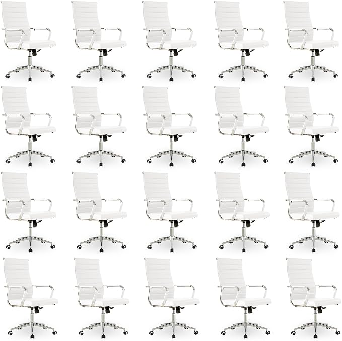 Okeysen Office Desk Chair, Ergonomic Leather Modern Conference Room Chairs, Executive Ribbed Height Adjustable Swivel Rolling Chair for Home Office Set of 20. (White)
