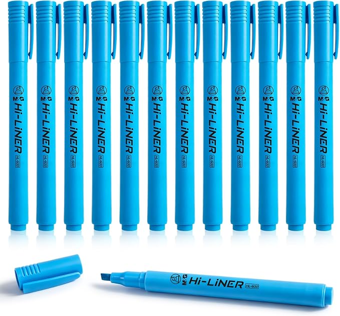 M&G Liner Highlighters, 12-Count Pack Blue Highlighters, Chisel Tip No Bleed Highlighter Pens for Office Documents, Planning, and Everyday Organization