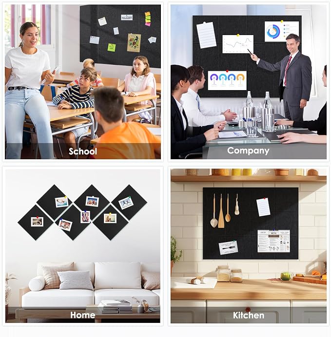 Large Cork Board for Walls 48"x36" |Cork Board Alternative| 12 Pack Felt Wall Tiles| Black Bulletin Board with Removable Adhesive | Cork Boards Pinboard for Office Home Classroom,Black
