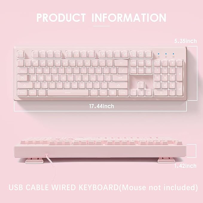 Basaltech Pink Wired Keyboard with White LED Backlit | Full Size 104 Key USB Gaming Keyboard,Quiet Creamy Typing and Double Shot Keycaps Light Up Keyboard for PC, Mac, Laptop