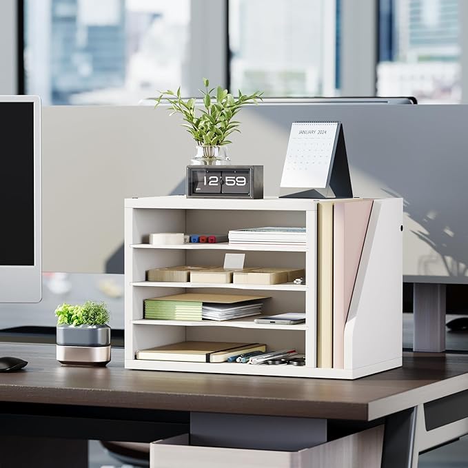 Mail Sorter, File Organizer Desktop, Wood Desk Organizer with 3 Adjustable Shelves, Mail Holder for Office, Home, Letter Sorter File Holders for Envelopes, Mail Supplies Magazines, White