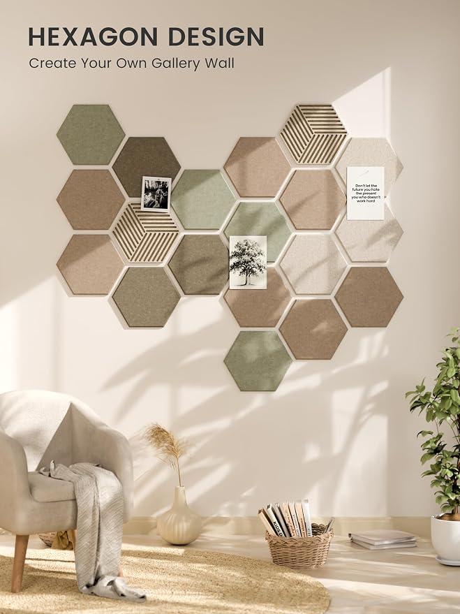 Fluxynara 10-Pack Hexagon Cork Board Alternative, Linen Dusk | Felt Bulletin Board with 50 Adhesive Tabs, Ideal for Vision Boards and Wall Decor in Homes, Offices, Classrooms, and Dorms