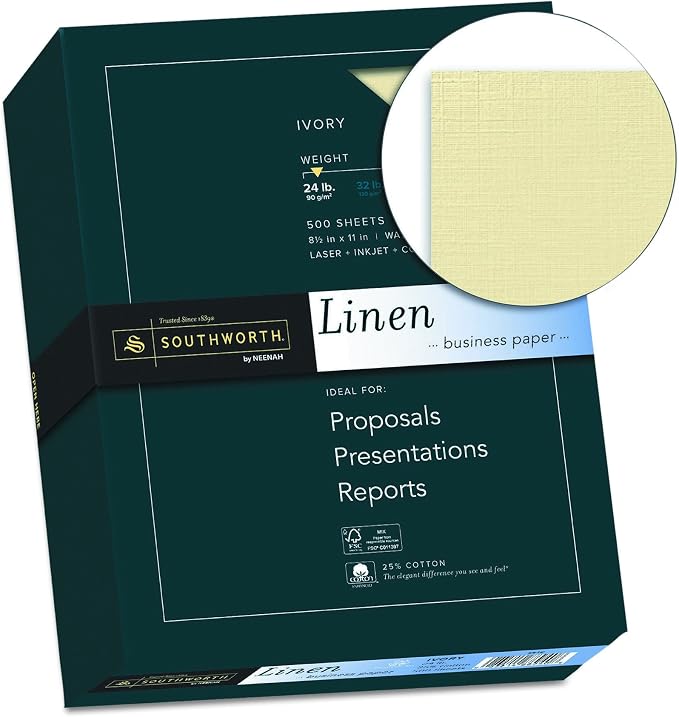 Southworth 564C 25% Cotton Linen Business Paper Ivory 24 lbs. 8-1/2 x 11 500/Box FSC (Pack of 4)