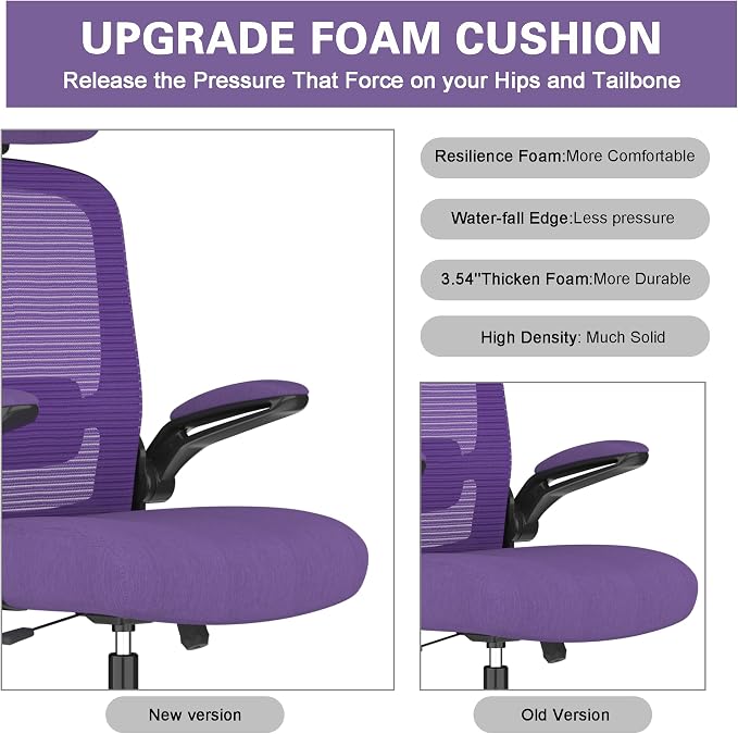 Mimoglad Office Chair, High Back Ergonomic Desk Chair with Adjustable Lumbar Support and Headrest, with flip-up Armrests for Guitar Playing, 5 Years Warranty (Modern, Dark Purple(Black Frame))