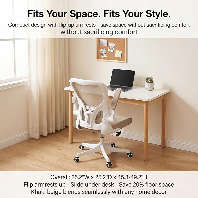 Monhey Ergonomic Office Desk Chair with Lumbar Support, High Back (Khaki) | 90°-125° Tilt Lock, 360° Swivel, Mute Wheels, High Back, Breathable Mesh, Foldable Armrests, Home Office Use