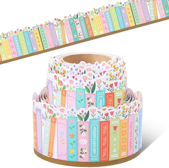 32.8 Ft Bookshelf Bulletin Board Borders Wildflower Scalloped Trim | Classroom Library Decoration by Teachers, Back to School Bulletin Trim, Colorful Book Design in Reading Corner Party