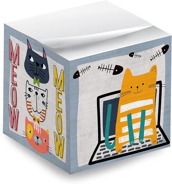 Whimsical Cats Sticky Note Cube / 600 Sheets / 2.75" Memo Block Printed on 4 Sides/Different Feline Design On Each Side/Cat Lover Note Cube