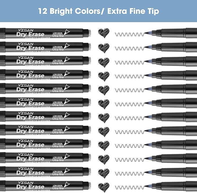 YISAN Black Dry Erase Markers Ultra Fine Tip,0.7mm Extra Fine Point, Whiteboard Markers with Erasers,Low Odor,70573