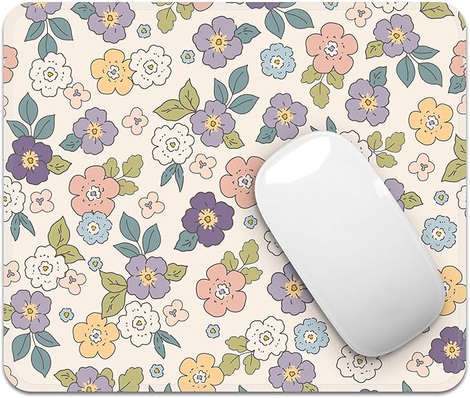 Mouse Pad with Stitched Edges - Cartoon Floral Mousepad for Women, 9.25 x 7.75 inch Washable Square Desk Pad, Non-Slip Rubber Base, Office Home Laptop Accessories - Cartoon Florals