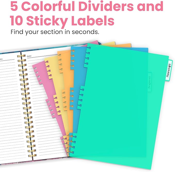 ZOTIA Large Spiral Notebook for Work, 8.5" x 11" Journal for Women, Cute 5 Subject Notebook with Removable Dividers & Tabs, College Ruled Lined Journal for Office and School, 280 Pages, Coral Garden