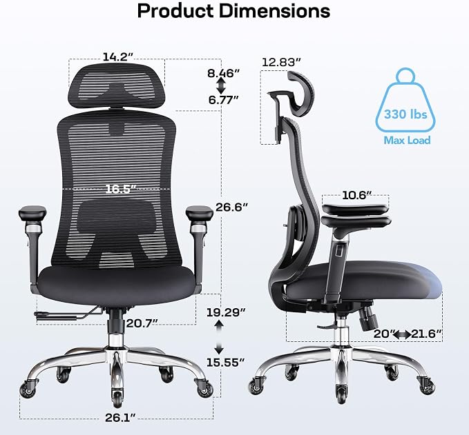 Marsail Ergonomic Office Chair with 6D Armrests, 3D Adjustable Headrest, Slide Seat, Lumbar Support, and 4-Position Tilt Lock – Big and Tall Office Chair with 330 lbs Capacity, Pack of 4