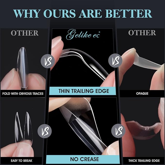 Gelike EC Soft Gel Nail Tips Kit for Soak Off Nail Extensions, Full Cover, Coffin Shaped, Pre-Buff PMMA Resin, Clear Ultra-Thin Design, 12 Sizes, 552 Pieces, Medium Coffin False Press on Nail