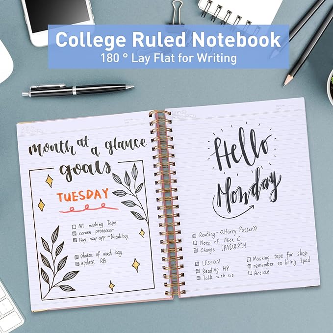 Spiral Notebook, College Ruled Notebook Journal, 7” x 10”, 300 Pages Leather Writing Journal for Women Men, B5 Hardcover Notebook for Work School, 24pcs Index Tabs, Black