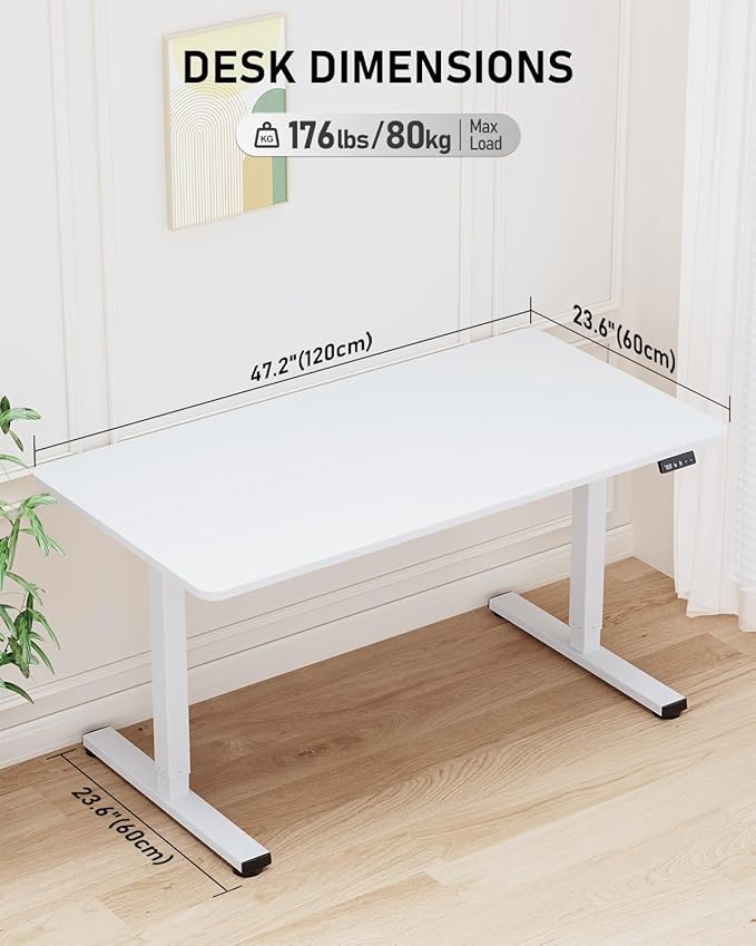 Electric Standing Desk, Large Height Adjustable Stand up Desk, 48 x 24 Inches Sit Stand Home Office Desk, with Splice Board, White Frame/White Top