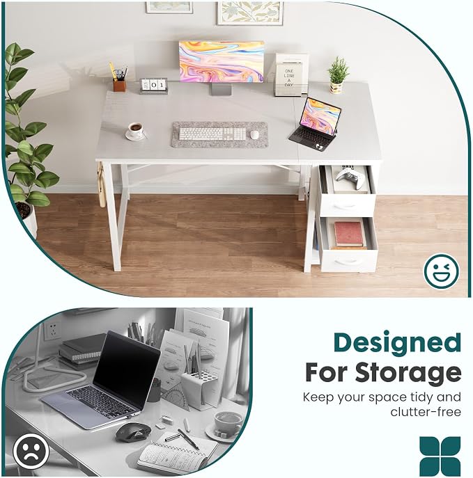 Sweetcrispy 47-Inch Computer Desk with Drawers, Office Desk, White | Small Desk for Bedroom Home Office with Side Hook, Modern Simple Desk with Storage for Writing