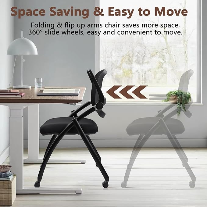 CLATINA Stackable & Foldable Conference Chair with Wheels, Ergonomic Mesh Back, 300lbs Capacity, Breathable Padded Seat, Adjustable Armrests, Office Chair for Reception, Training, Home, Black, 2PK