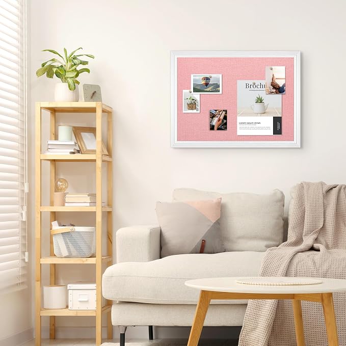 Large Wood Framed Cork Board with Linen, 36" x 24" (Pink) | Hanging Bulletin Board, Picture Display Vision Board Kit Corkboards for Wall Room School Office Decor, 10 Pushpins