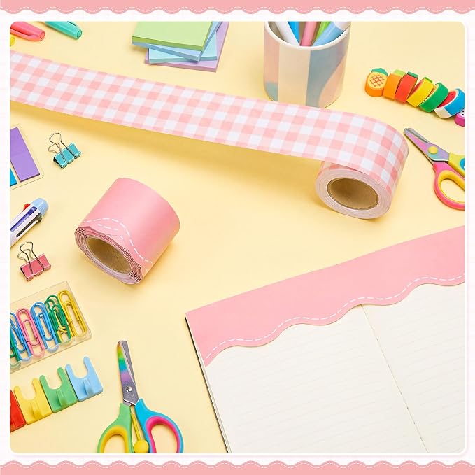 2 Rolls 65.6ft Peach Pink Gingham Bulletin Board Borders Decoration Pink Checkered and Straight Edge Bulletin Borders Board Trim for Office School Classroom Chalkboard Party Decoration