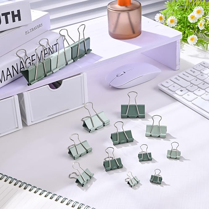 Temiary Metal Binder Clips, Assorted 6 Sizes Green 208 Pcs for Office, Home | Colored Binding Paperwork Clamp Bulk for Office, Home, School