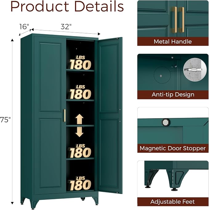 75" Kitchen Pantry Cabinet, Metal Storage Cabinets with 2 Doors | Kitchen Cabinet with 4 Adjustable Shelves, Tall Food Pantry Storage Cabinet, Cupboard for Kitchen, Dining Room, Living Room