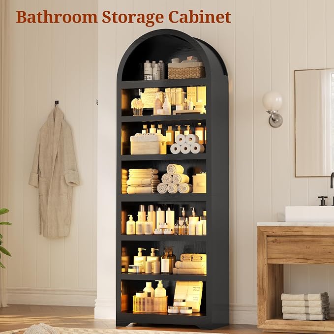 79.4"Tall Arched Cabinet,Bookcase with storage,Mid-Century Modern 7-Tier Bookshelf with RGB Light,2 Book Risers,Adjustable Shelf offering more space for Living Room,Kitchen,Home Office (Black)