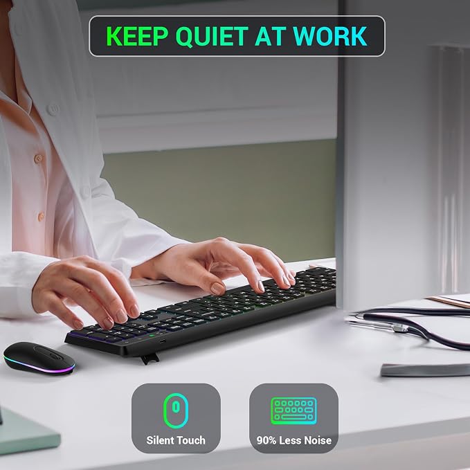 Wireless Keyboard and Mouse Combo, Lovaky 2.4G Full-Sized Ergonomic Keyboard Mouse, 3 DPI Adjustable Cordless USB Keyboard and Mouse, Quiet Click for Computer/Laptop/Windows/Mac (RGB Rainbow, 1 Pack) | Backlit, Low profile Keys, 3 DPI Adjustable, 2.4G ...
