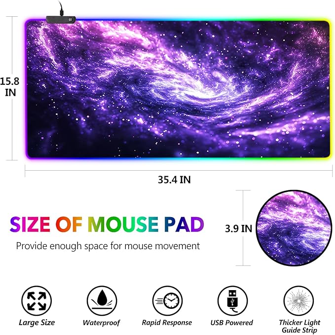 AIMSA RGB Mouse Pad LED Gaming Mouse Pad with 14 Lights Modes, Non-Slip Rubber Base Computer Carpet Desk Mat for PC Laptop (35.4 x 15.8 inch) Purple Blue Nebula