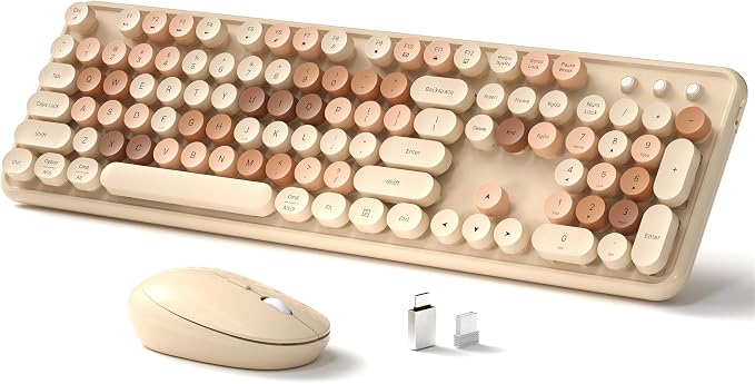 Links9+ Colorful Wireless Keyboard and Mouse Combo (Milky Tea Colorful) | Full-Size Retro Typewriter Style Keyboard with Vintage Round Keycaps, 2.4G Wireless Set for Windows, Mac, Laptop, PC, Desktop