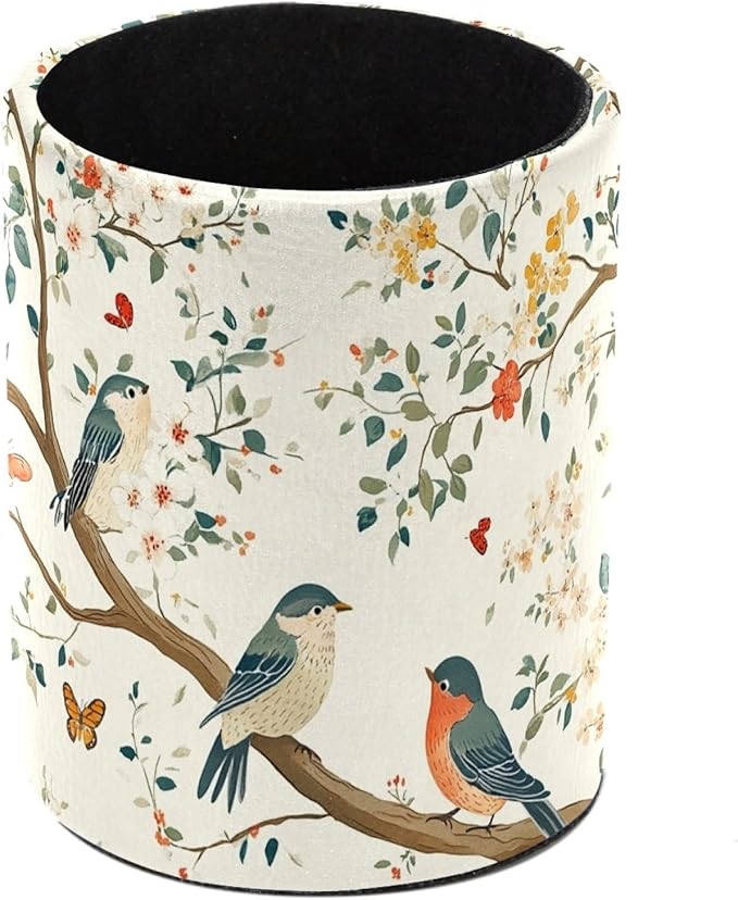 Leather Pen Holder for Desk, Birds Branches Butterflies Pencil Cup Pen Organizer Makeup Brush Holder for Office Home Kids Countertop Desk Accessory Storage